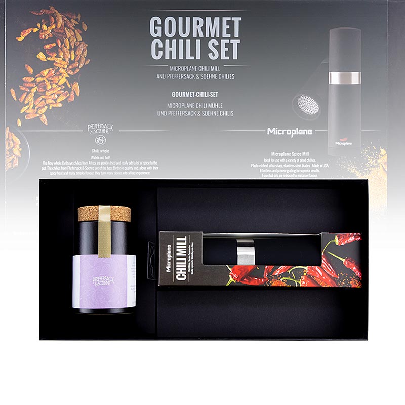Microplane Geschenkset Gourmet-Chili-Set, Chili Mühle + Chilis, 2 St - Illustration des hochwertigen Geschenksets mit Chilimühle und zwei Chilisorten für scharfe Gerichte
