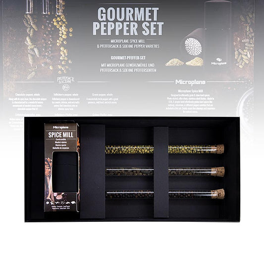 Microplane Geschenkset Gourmet-Pfeffer-Set, Gewürzmühle + Pfeffer, 2 St - hochwertige Kräutermühle und frisch gemahlener Pfeffer, perfekt für Hobbyköche und Profiköche