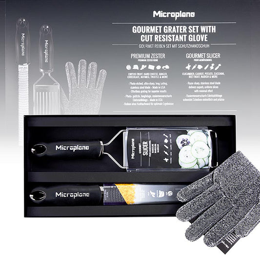 Microplane Geschenkset Gourmet-Set mit Zester Reibe, Hobel und Handschuh, perfekt für Küchenliebhaber, zum Reiben von Käse, Zitrusschalen und Gewürzen, Schneiden von Obst und Gemüse und Schutz der Hände