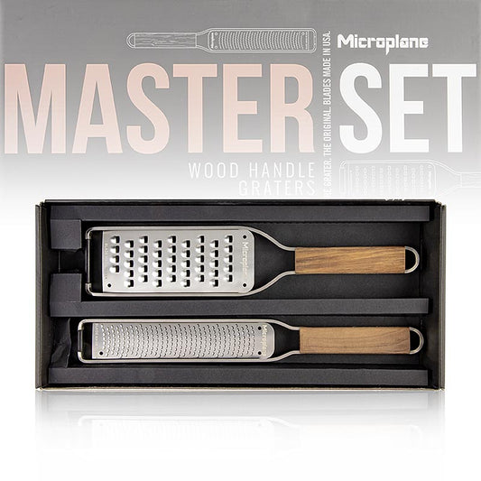 Microplane Geschenkset Master Serie-Set, Zester Reibe + Hobel, 2 St - Geschenkset mit Reibe und Hobel, perfekt für Hobbyköche geeignet, zum Reiben von Zitrusschalen, Gewürzen, Hartkäse und Schokolade, sowie zum Schneiden von Obst und Gemüse in gleichmäßige Scheiben, spülmaschinenfest und mit ergonomischem Griff