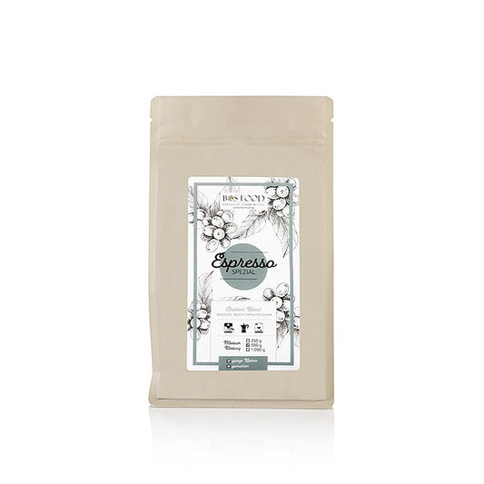 Verpackung von 500 g BOS FOOD Espresso Special, Arabica-Kaffee-Mischung, ganze Bohne