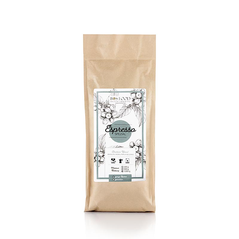 BOS FOOD - Espresso Spezial, Arabica Kaffee -Mischung, ganze Bohne, 1 kg - Hochwertige Kaffeebohnenmischung für aromatischen Espresso, 1 kg-Packung