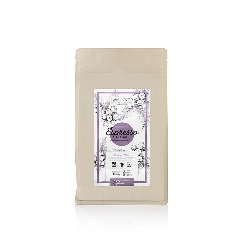 BOS FOOD - Espresso Deluxe, Arabica Kaffee -Mischung, GEMAHLEN, 500 g - Gemahlener Arabica-Kaffee für köstlichen, vollen Espresso-Genuss, 500g-Packung