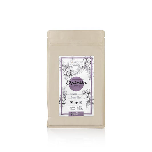 BOS FOOD - Espresso Deluxe, Arabica Kaffee -Mischung, GEMAHLEN, 500 g - Gemahlener Arabica-Kaffee für köstlichen, vollen Espresso-Genuss, 500g-Packung