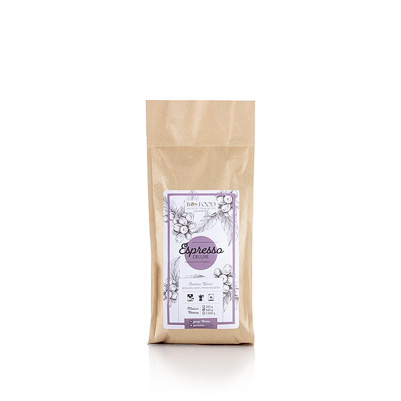 German: BOS FOOD - Espresso Deluxe, Arabica Kaffee -Mischung, ganze Bohne, 500 g - Hochwertige gemahlene Kaffeebohnen für die Zubereitung von aromatischem Espresso
