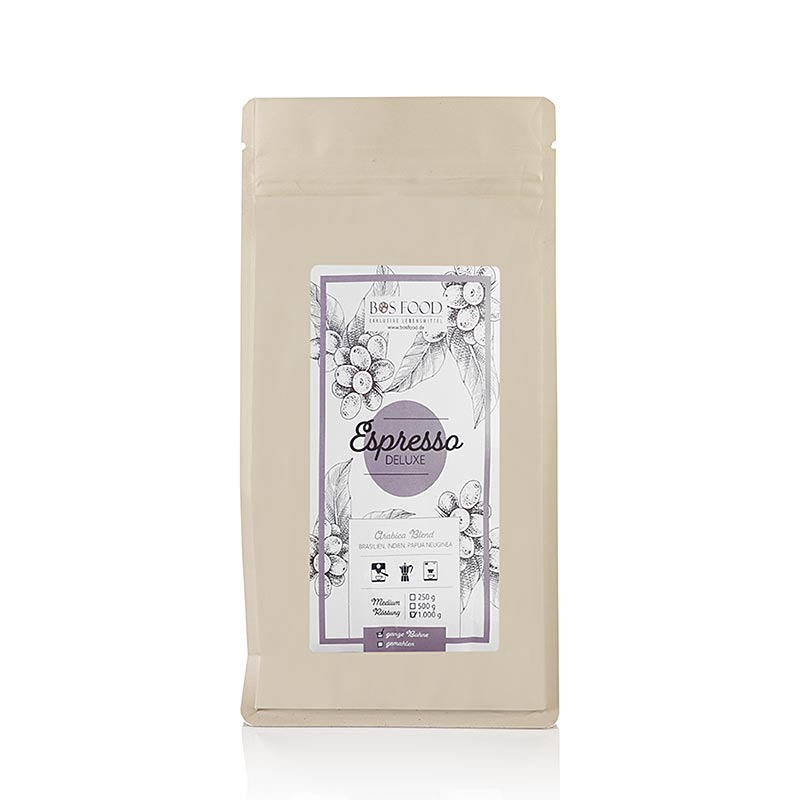 BOS FOOD - Espresso Deluxe, Arabica Kaffee -Mischung, ganze Bohne, 1 kg: Raffinierte Arabica-Kaffeemischung mit intensivem Geschmack und samtiger Crema, verpackt als ganze Bohnen für optimale Frische