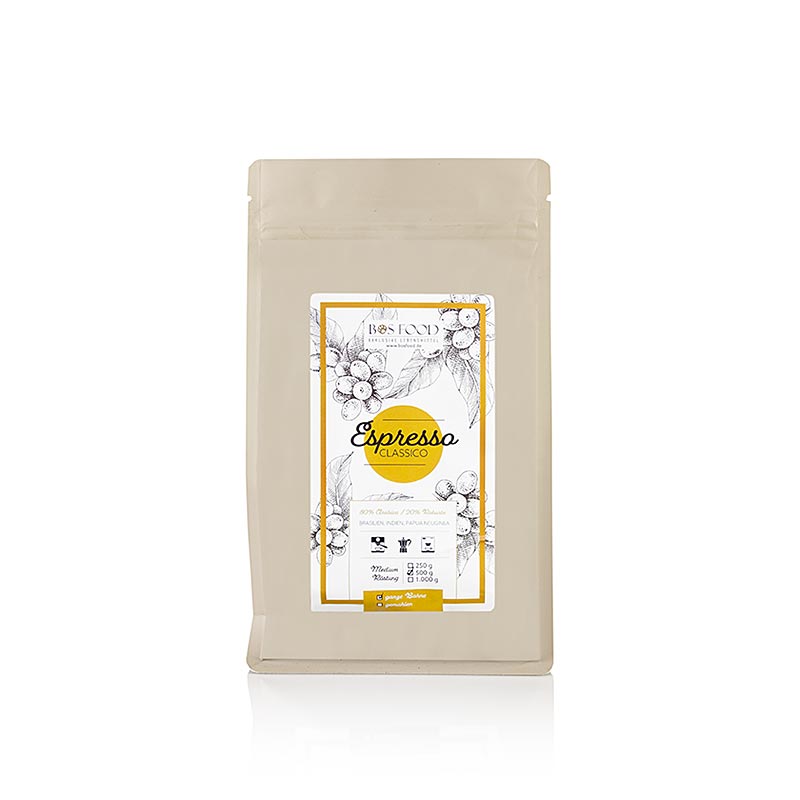 Ganze Bohnen der Premium-Kaffeemischung BOS FOOD Espresso Classico, 500g, für reichhaltigen Espresso