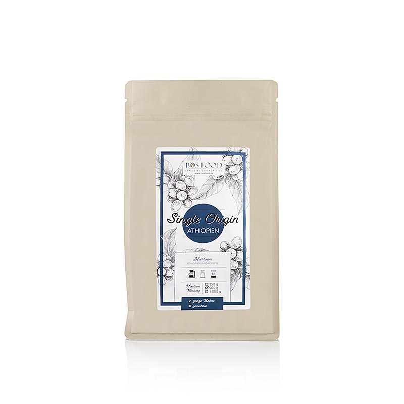Äthiopischer Yirgacheffe Single Origin Kaffee, ganze Bohne, 500 g – sorgfältig ausgewählt und handwerklich geröstet für ein einzigartiges Geschmackserlebnis mit Noten von Zitrusfrüchten, Honig und Blumen Ideal für den Genuss zu Hause oder in Restaurants Entdecken Sie die Authentizität und Qualität von BOS FOOD Kaffee