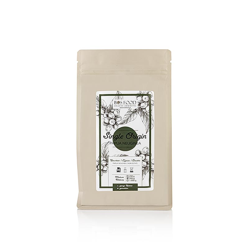 500 g BOS FOOD Single Origin Kaffee aus Papua-Neuguinea, ganze Bohne, mitteldunkle Röstung, fruchtbares Hochland, handgepflückt, reiches Aroma, Schokolade, Nüsse, Früchte, vielseitig für Kaffeezubereitung