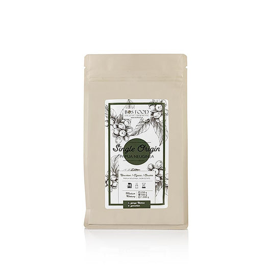 500 g BOS FOOD Single Origin Kaffee aus Papua-Neuguinea, ganze Bohne, mitteldunkle Röstung, fruchtbares Hochland, handgepflückt, reiches Aroma, Schokolade, Nüsse, Früchte, vielseitig für Kaffeezubereitung