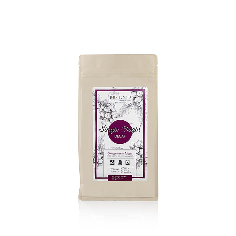 Entkoffeinierter Single-Origin-Kaffee von BOS FOOD, ganze Bohne, 250 g - hochwertiger entkoffeinierter Kaffee für Kaffeeliebhaber, handwerklich geröstet und geeignet für alle Zubereitungsarten