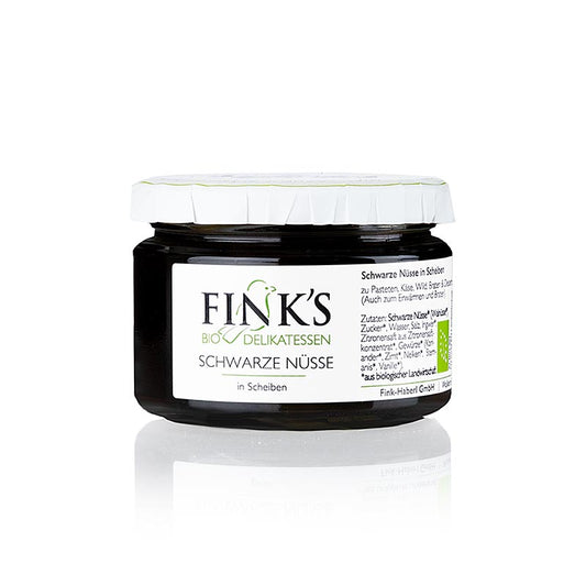 Schwarze Walnüsse in Scheiben in kräftigem Sirup von Finks Delikatessen, BIO, 260 g - hochwertiges und leckeres Produkt für Feinschmecker