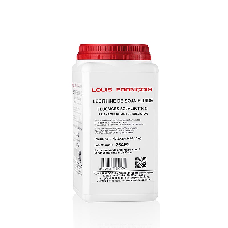 Flüssiges Sojalecithin (E322) von Louis Francois, 1 kg, unverzichtbarer Emulgator für die moderne Küche Geeignet für Schokolade, Eiscreme, Soßen und Backwaren Optimale Struktur und Stabilität Einfach zu verarbeiten und gut mischbar mit anderen Zutaten