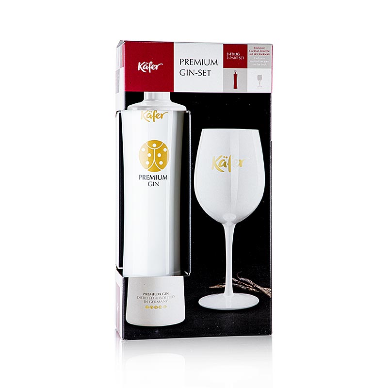 Käfer Gin Geschenk Set, 2-tlg (1 Flasche Gin & 1 Käfer Kelchglas), 700 ml, 2 tlg: Luxuriöses Geschenkset mit 700 ml Käfer Gin und stilvollem Kelchglas, perfekt für Gin-Liebhaber