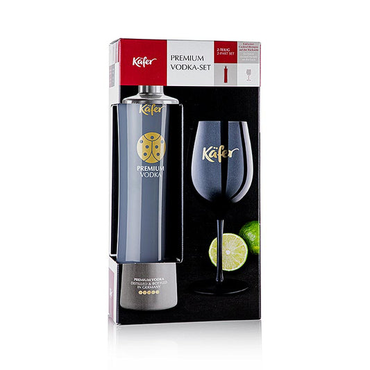 Käfer Vodka Geschenk Set, 2-tlg (1 Flasche Vodka & 1 Käfer Kelchglas), 700 ml, 2 tlg - Bild eines exklusiven Geschenksets mit einer Flasche Käfer Premium-Vodka und einem stilvollen Käfer Tumbler, perfekt für eiskalte Shots und ein Muss für Wodka-Liebhaber
