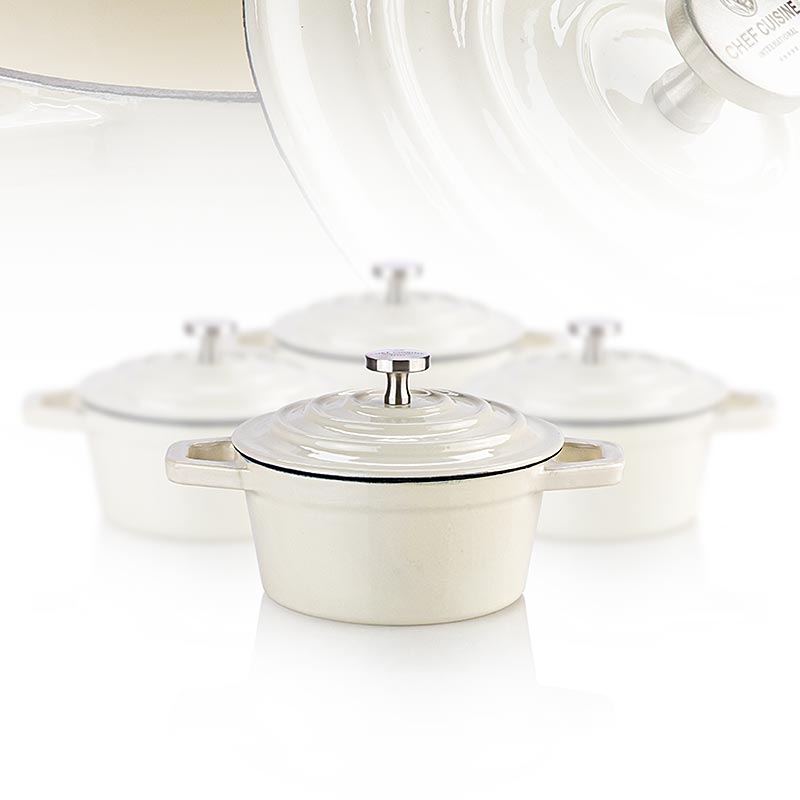 Mini Cocotte, beige, Gusseisen/Emaille, Chef Cuisine, 4 tlg - 4er-Set aus robustem Gusseisen mit eleganter, beige emaillierter Oberfläche, geeignet für einzelne Portionen oder Beilagen, vielseitig einsetzbar vom Ofen bis zum Tisch, spülmaschinenfest und pflegeleicht, Abmessungen: 10 cm Durchmesser, 5 cm hoch, Fassungsvermögen: je 200 ml