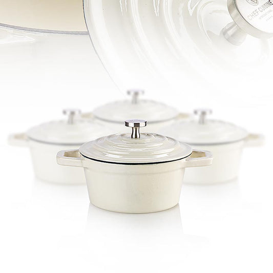 Mini Cocotte, beige, Gusseisen/Emaille, Chef Cuisine, 4 tlg - 4er-Set aus robustem Gusseisen mit eleganter, beige emaillierter Oberfläche, geeignet für einzelne Portionen oder Beilagen, vielseitig einsetzbar vom Ofen bis zum Tisch, spülmaschinenfest und pflegeleicht, Abmessungen: 10 cm Durchmesser, 5 cm hoch, Fassungsvermögen: je 200 ml