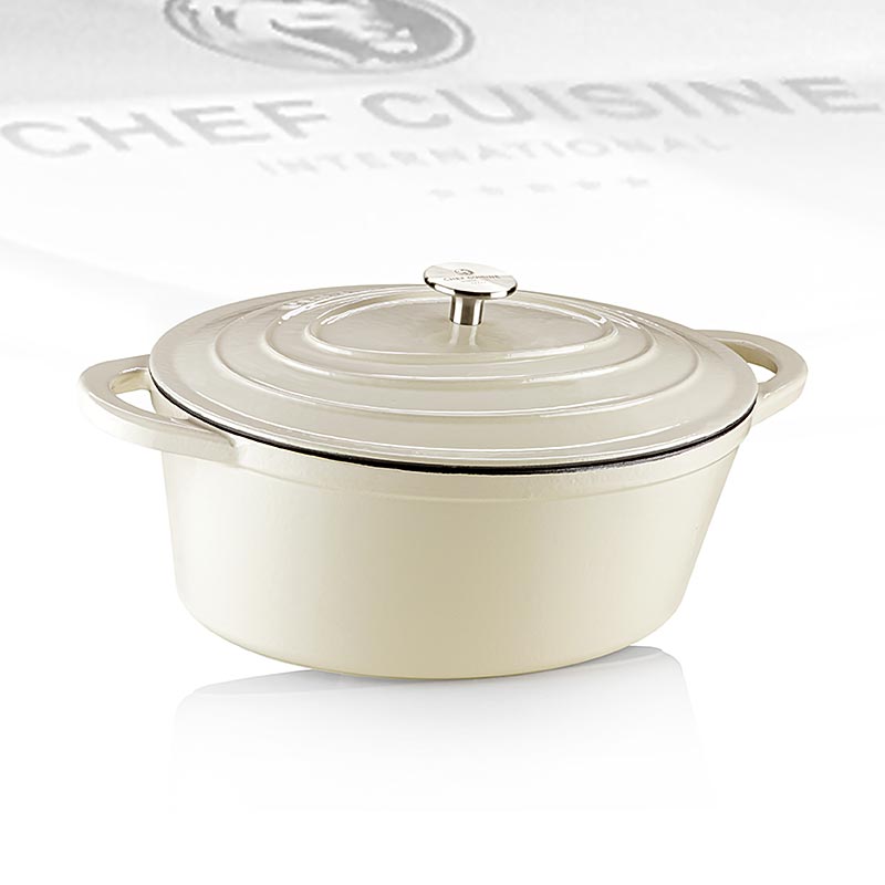 Ovale Bräter mit Deckel in eleganter beige Farbe, aus robustem Gusseisen/Emaille, Chef Cuisine, 35x25x12 cm, geeignet für alle Herdarten
