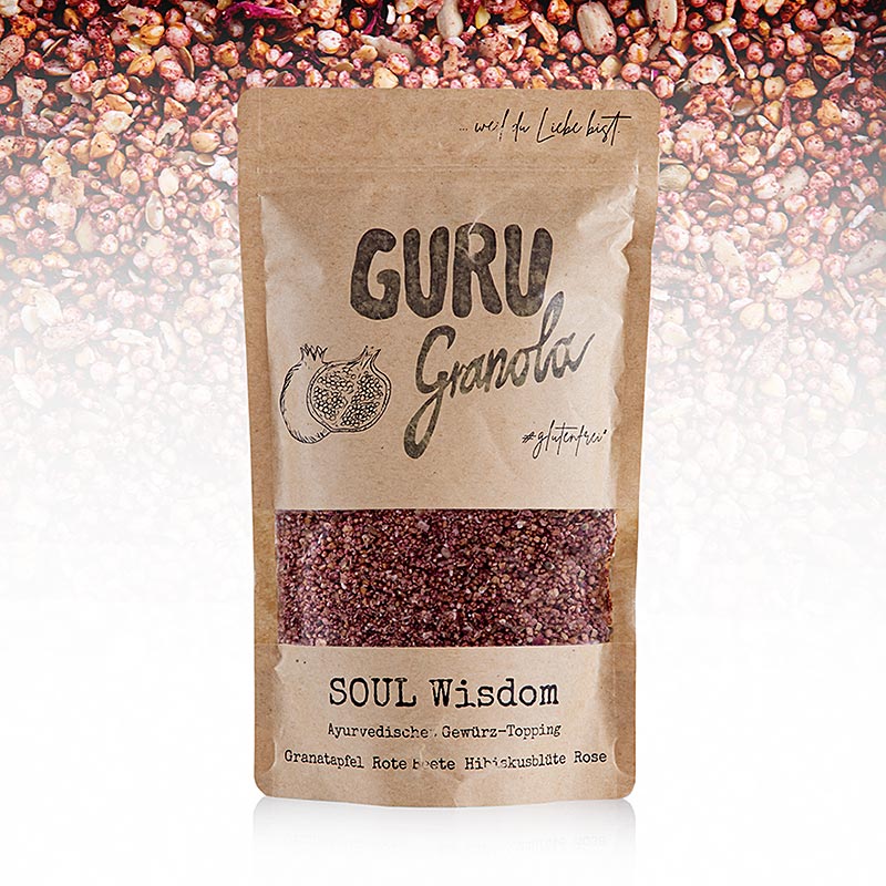 Bild eines 300 g Guru Granola - SOUL Wisdom Produkts, angereichert mit Nüssen, Samen und getrockneten Früchten für ein nahrhaftes und leckeres Frühstück oder einen Snack, perfekt für alle, die reine, natürliche Zutaten und einen bewussten Lebensstil lieben