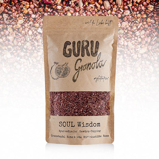 Bild eines 300 g Guru Granola - SOUL Wisdom Produkts, angereichert mit Nüssen, Samen und getrockneten Früchten für ein nahrhaftes und leckeres Frühstück oder einen Snack, perfekt für alle, die reine, natürliche Zutaten und einen bewussten Lebensstil lieben