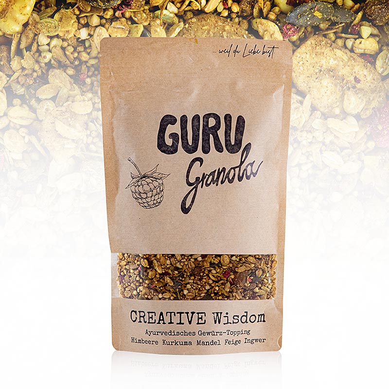 Guru Granola - CREATIVE Wisdom, 300 g: Handwerklich hergestelltes Granola mit gerösteten Nüssen, Samen, Trockenfruchtstücken, Zimt, und einem Hauch von Vanille Perfekt für ein köstliches und nahrhaftes Frühstück oder als kreativer Snack