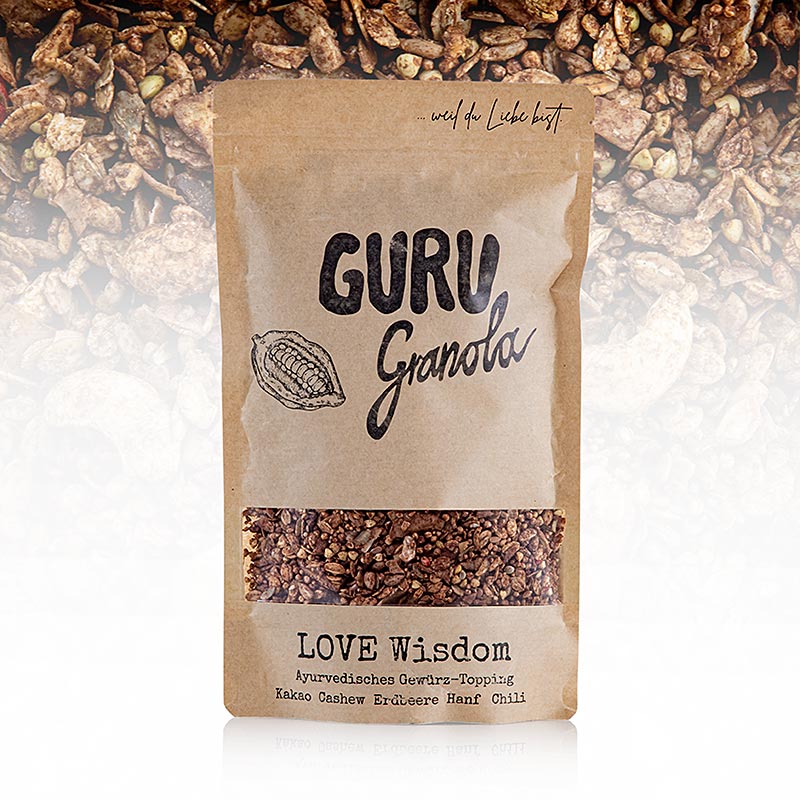 300 Gramm Guru Granola - LOVE Wisdom, köstliches knuspriges Granola mit ausgewählten Zutaten wie Hafer, Nüssen, Samen und Trockenfrüchten sowie Superfoods wie Gojibeeren und Kakaonibs Perfekt als nahrhafter Start in den Tag oder als Topping auf Joghurt und Smoothie Bowls