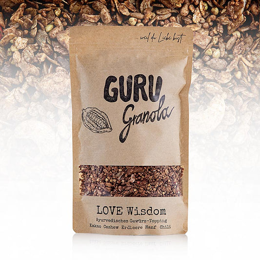 300 Gramm Guru Granola - LOVE Wisdom, köstliches knuspriges Granola mit ausgewählten Zutaten wie Hafer, Nüssen, Samen und Trockenfrüchten sowie Superfoods wie Gojibeeren und Kakaonibs Perfekt als nahrhafter Start in den Tag oder als Topping auf Joghurt und Smoothie Bowls