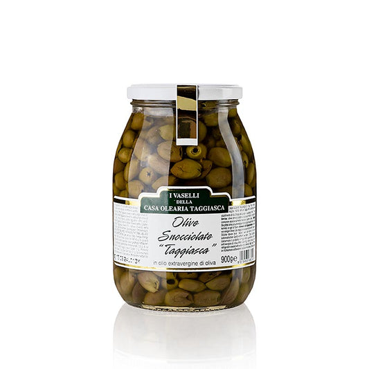 Olive nere "Snocciolate", in olio d'oliva, senza nocciolo, Taggiasca, 950 g
