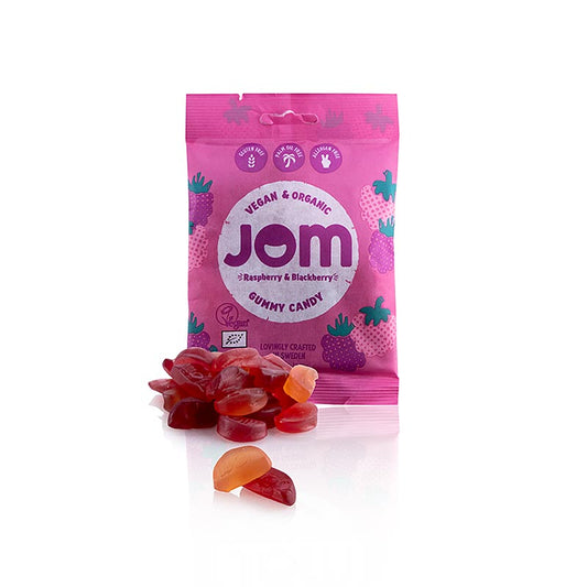 Himbeer- und Brombeer-Gummibonbons von JOM, vegan und BIO, 70 g, weich und fruchtig, ohne künstliche Farb- oder Konservierungsstoffe, perfekt als Snack oder zum Teilen mit Freunden und Familie, geeignet für Veganer und Bio-Liebhaber