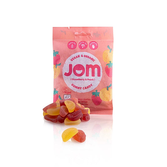 Vegane und biologische Erdbeer- und Pfirsich-Gummibonbons von JOM, hergestellt aus natürlichen Zutaten, ohne künstliche Zusatzstoffe, in einer praktischen 70g-Packung, perfekt für unterwegs oder zum Teilen mit Freunden und Familie