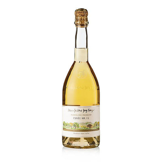 Alkoholfreier prickelnder Cuvée 15 Sekt von Manufaktur Jörg Geiger, hergestellt aus sorgfältig ausgewählten Trauben und nach traditionellen Methoden vinifiziert, verleiht eine festliche Note ohne Alkohol Genießen Sie lebhaften Bläschen und subtile Aromen bei jeder Gelegenheit