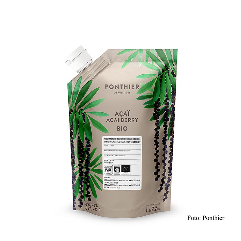 Bio Acai-Püree von Ponthier, ungesüßt, 100% Frucht, ideal für Smoothies, Saucen und Desserts, 1 kg-Packung