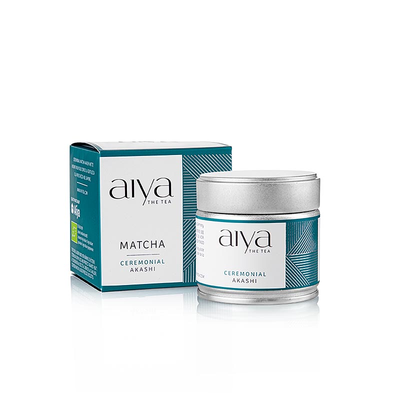 Bild des exklusiven Bio-Grüntees AIYA Matcha Akashi in Premium Zeremonie-Qualität, hergestellt in Japan, mit samtigem Geschmack und intensiver grüner Farbe, ideal für traditionellen Matcha und als Zutat in Smoothies, Kuchen und Eiscreme, 30 Gramm Inhalt