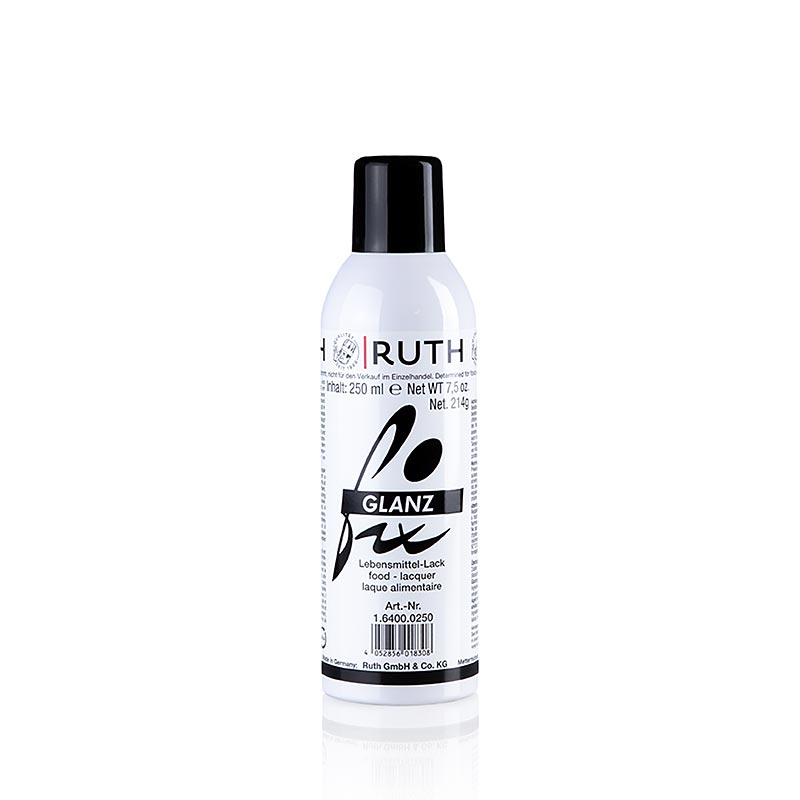Sprühflasche Lebensmittel Lack (Glanzfix Spray) Ruth, 250 ml zur Veredelung von Desserts, mit hochwertigen Inhaltsstoffen, einfach in der Anwendung und schnell trocknend Geeignet für Torten, Gebäck und Pralinen