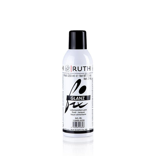 Sprühflasche Lebensmittel Lack (Glanzfix Spray) Ruth, 250 ml zur Veredelung von Desserts, mit hochwertigen Inhaltsstoffen, einfach in der Anwendung und schnell trocknend Geeignet für Torten, Gebäck und Pralinen