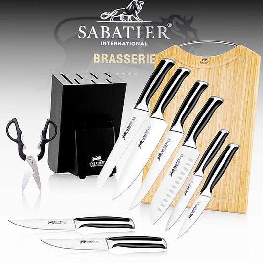 Messer Set inkl Block, Brett&Schere, Sabatier International, 10 tlg - Hochwertiges 10-teiliges Messerset aus rostfreiem Stahl mit ergonomischem Design, Holzmesserblock und Schneidebrett, ideal für Hobbyköche und Profis