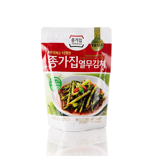 Eingelegte junge Rettichstängel von Jongga mit mildem, erfrischendem Geschmack Traditionell koreanische Delikatesse in einem praktischen 500-Gramm-Glas