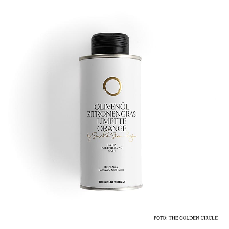 Olivenöl Zitronengras Limette Orange, by Sascha Stemberg, THE GOLDEN CIRCLE, 250 ml - Premium-Olivenöl mit einzigartiger Geschmackskombination aus Zitronengras, Limette und Orange, ideal zum Verfeinern von Salaten, Fisch- und Fleischgerichten oder als Basis für Dressings, verpackt in einer stilvollen 250-ml-Flasche