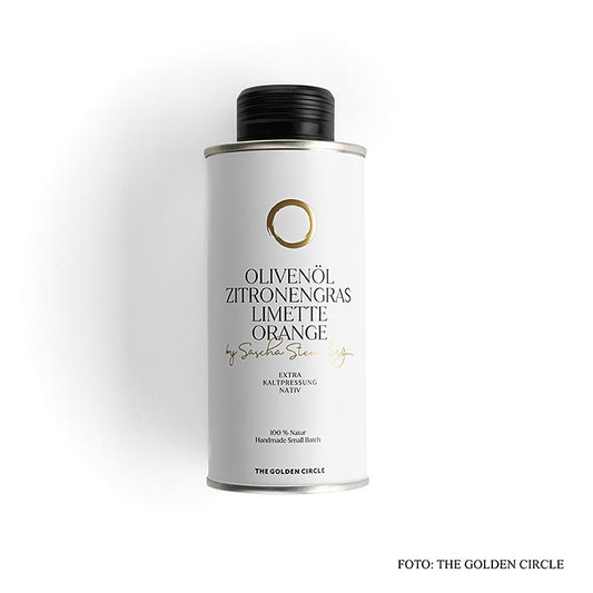 Olivenöl Zitronengras Limette Orange, by Sascha Stemberg, THE GOLDEN CIRCLE, 250 ml - Premium-Olivenöl mit einzigartiger Geschmackskombination aus Zitronengras, Limette und Orange, ideal zum Verfeinern von Salaten, Fisch- und Fleischgerichten oder als Basis für Dressings, verpackt in einer stilvollen 250-ml-Flasche