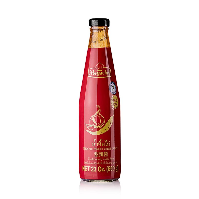 Bild einer 650-ml-Quetschflasche Megachef Sweet Chilisauce, glutenfrei und vegan