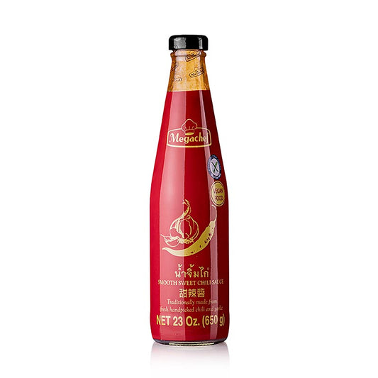 Bild einer 650-ml-Quetschflasche Megachef Sweet Chilisauce, glutenfrei und vegan