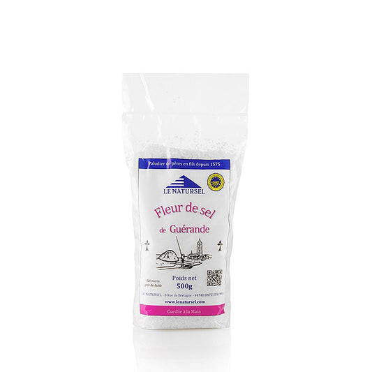 Fleur de Sel, aus der Guerande (Frankreich), ggA, 500 g - Handgeerntetes Meersalz mit feiner Textur und subtilem Geschmack aus Guerande, Frankreich, in einer praktischen 500-Gramm-Packung