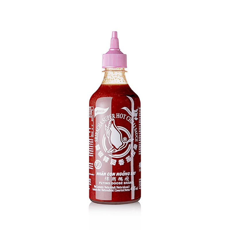 Chili-Sauce - Sriracha ohne MSG, sehr scharf, Squeeze Flasche, Flying Goose, 455 ml - Würzige Chilisauce in praktischer 455 ml Squeeze-Flasche, perfekt für Liebhaber scharfer asiatischer Küche und als Dip-Sauce Hergestellt aus roten Chilis, Knoblauch und Essig für authentischen Geschmack