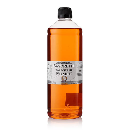 Raucharoma in Öl - Fumée, Soripa, 1 l: Eine 1-Liter-Flasche mit Soripas einzigartigem Räucheraroma in Öl - Fumée, ideal für Hobby- und Profiköche, um Gerichte mit subtilem Räuchergeschmack zu veredeln und Marinaden, Dressings, Soßen sowie Fleisch, Fisch und Gemüse zu veredeln