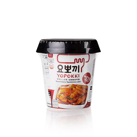 YOPOKKI Reiskuchen Snack Cup, süß-würzig, 140 g - Leckerer und praktischer koreanischer Snackbecher mit weichen Reiskuchen in süßer und leicht pikanten Sauce Ideal als Snack oder Beilage, einfach zuzubereiten durch Zugabe von Wasser Genießen Sie die einzigartige Textur und Geschmackskombination von YOPOKKI