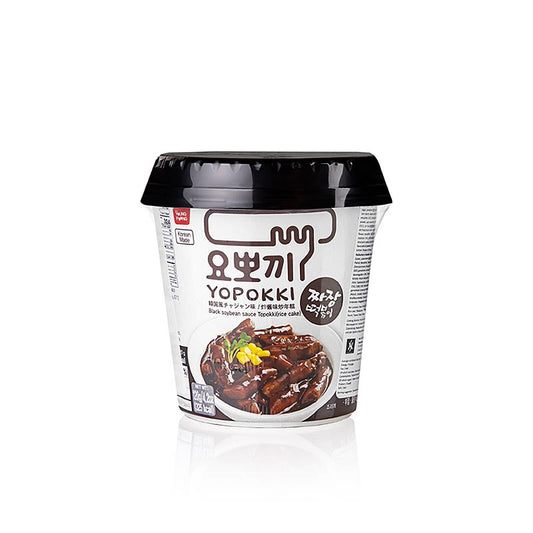 YOPOKKI Reiskuchen Snack Cup, Jjajang (schwarze Bohnenpaste), 140 g - Verzehrfertiger Reiskuchen mit würziger schwarzer Bohnenpaste, ideal für schnelle Snacks oder als Beilage zu asiatischen Gerichten Zubereitung in wenigen Minuten, authentischer koreanischer Geschmack für Vegetarier geeignet