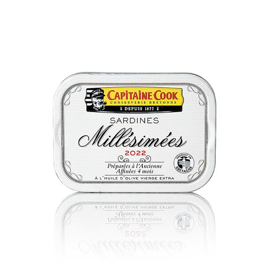 Sardines entières à l'huile d'olive, millésime 2022, Capitaine Cook, France, 115 g