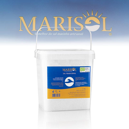 Bio-zertifiziertes Marisol® Sal Tradicional Meersalz, fein, weiß und feucht, 5 kg-Packung