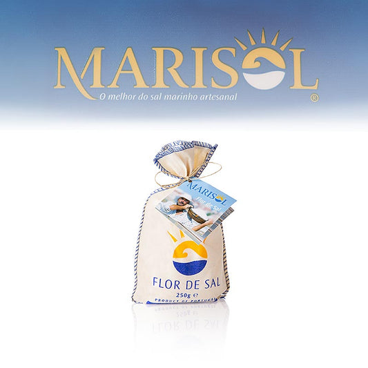 Marisol® Flor de Sal - Die Salzblume, im Stoffsäckchen, CERTIPLANET, BIO, 250 g - Handgeerntetes Premium-Salz aus Portugal, zarte Salzkristalle in elegantem Stoffbeutel, biologisch zertifiziert, für raffinierten Geschmack in jeder Küche