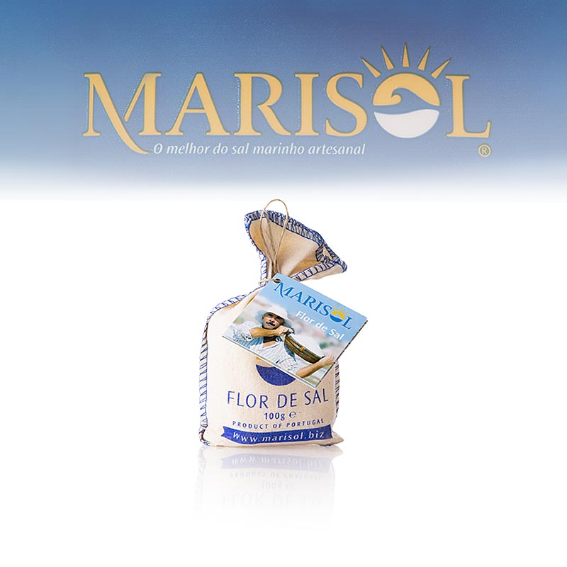 Marisol® Flor de Sal - Die Salzblume im Stoffsäckchen, CERTIPLANET, BIO, 100 g: Handgeerntetes biologisches Meersalz mit zertifizierter Qualität, knuspriger Textur und reichem Geschmack, verpackt in elegantem 100g-Stoffbeutel